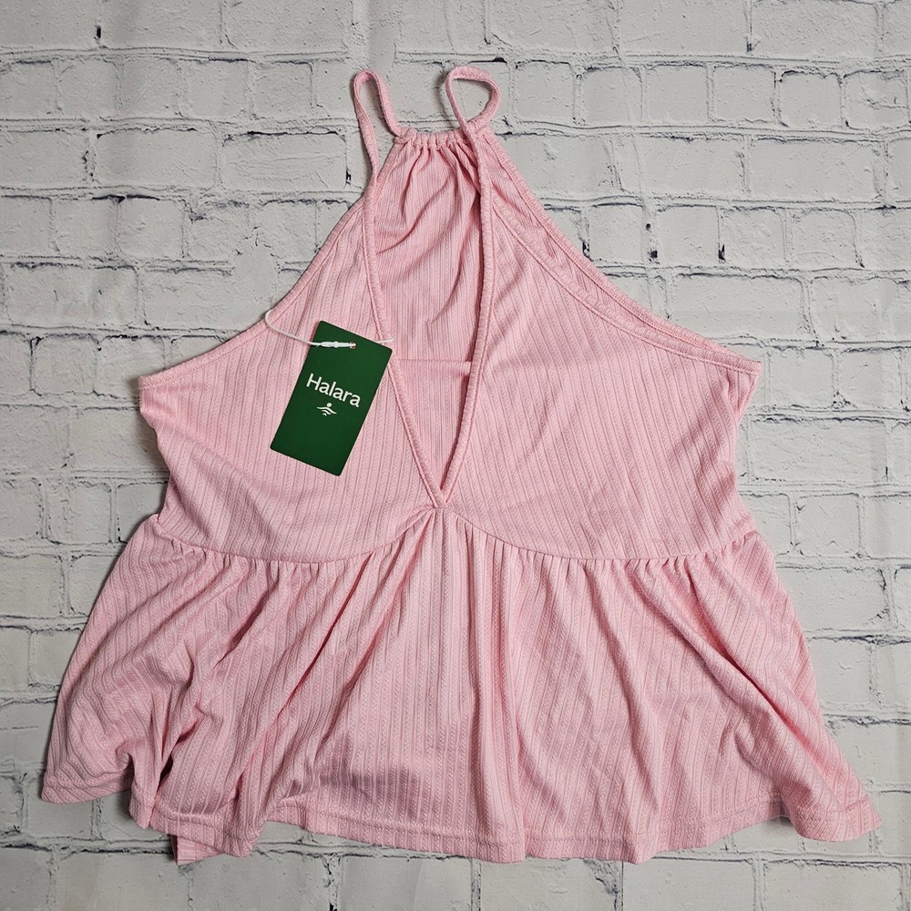 Halara Pink Ribbed Halter Babydoll‎ Top Open Back Sleeveless XS